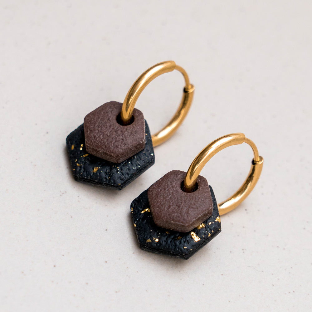 Creolen "Hexa Fine" in Tiefschwarz/goldfarben & Mokka