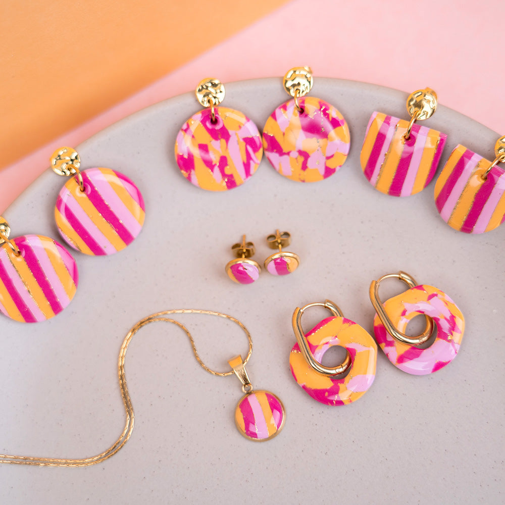 Ohrringe "Sunset Pop" Hotpink, Orange, Rosé - gemustert, rund