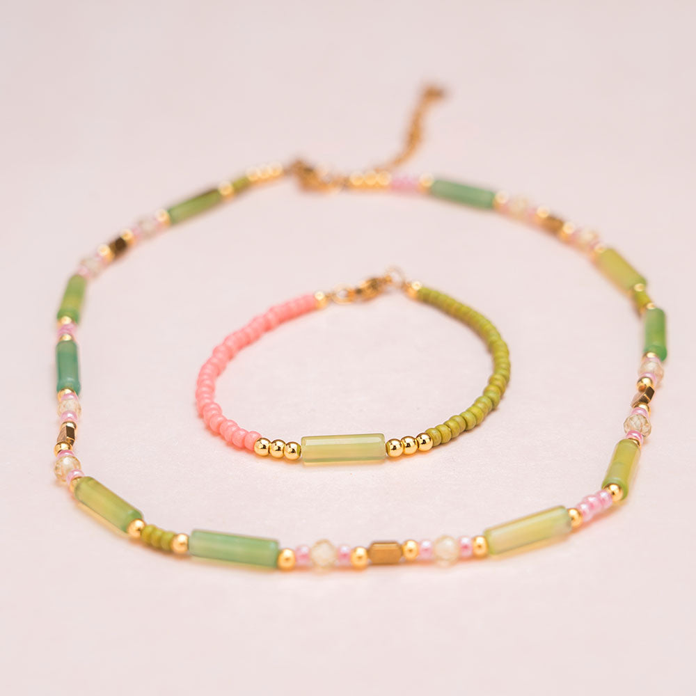 Halskette - LUCKY MELON - LIME CUBES mit limettengrünen Achat-Stäbchen