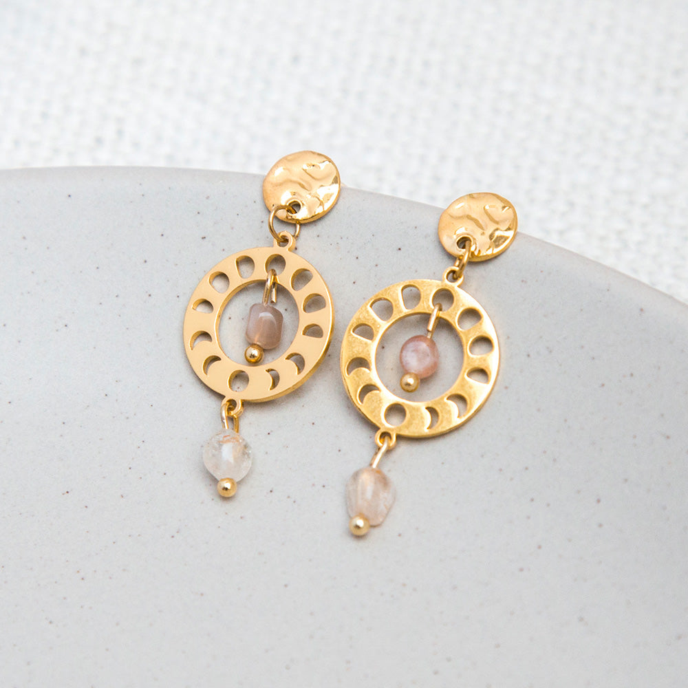 Ohrringe - Stecker "Mondphasen" mit Natursteinen - goldfarben