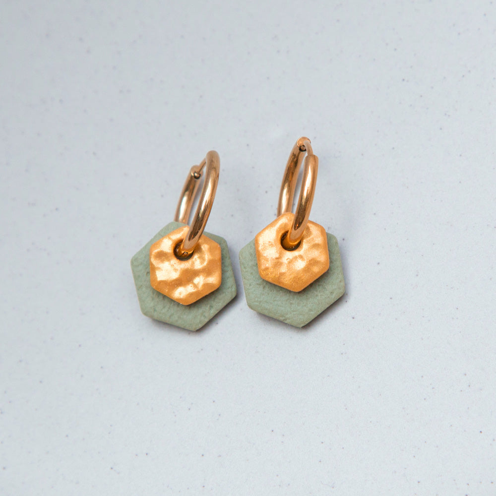 Ohrringe Creolen "Gold & Salbei" Hexagon