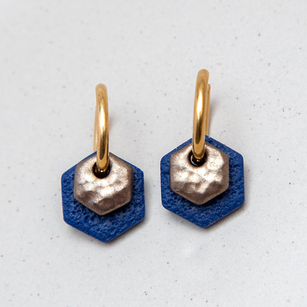 Ohrringe Creolen "Bronze & Mitternachtsblau" Hexagon