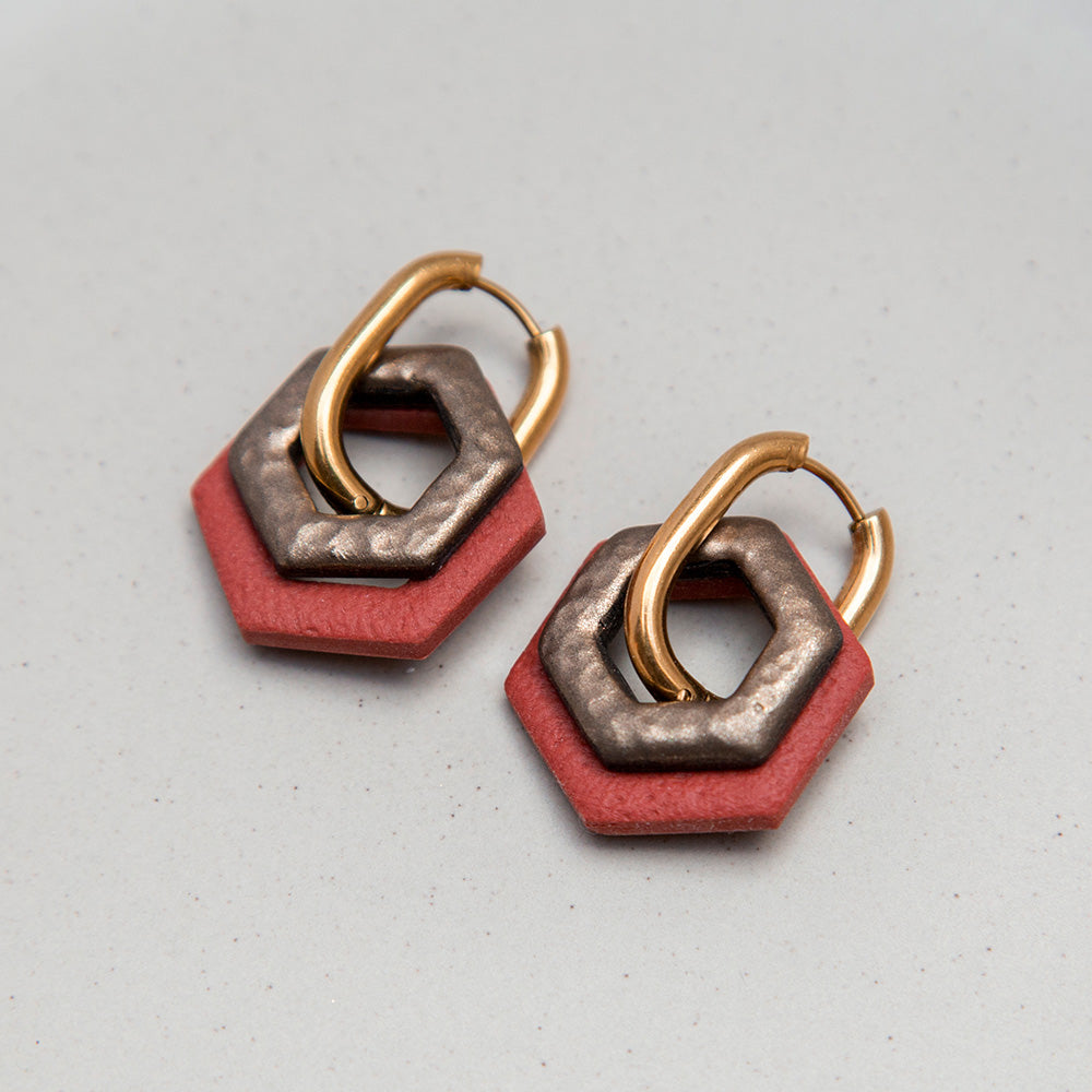 Ohrringe Creolen "Bronze & Rostrot" Hexagon
