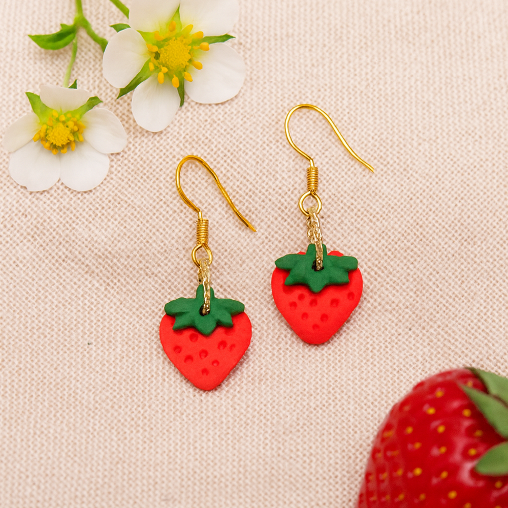 Ohrringe - rote Erdbeere - Hänger - rot & grün