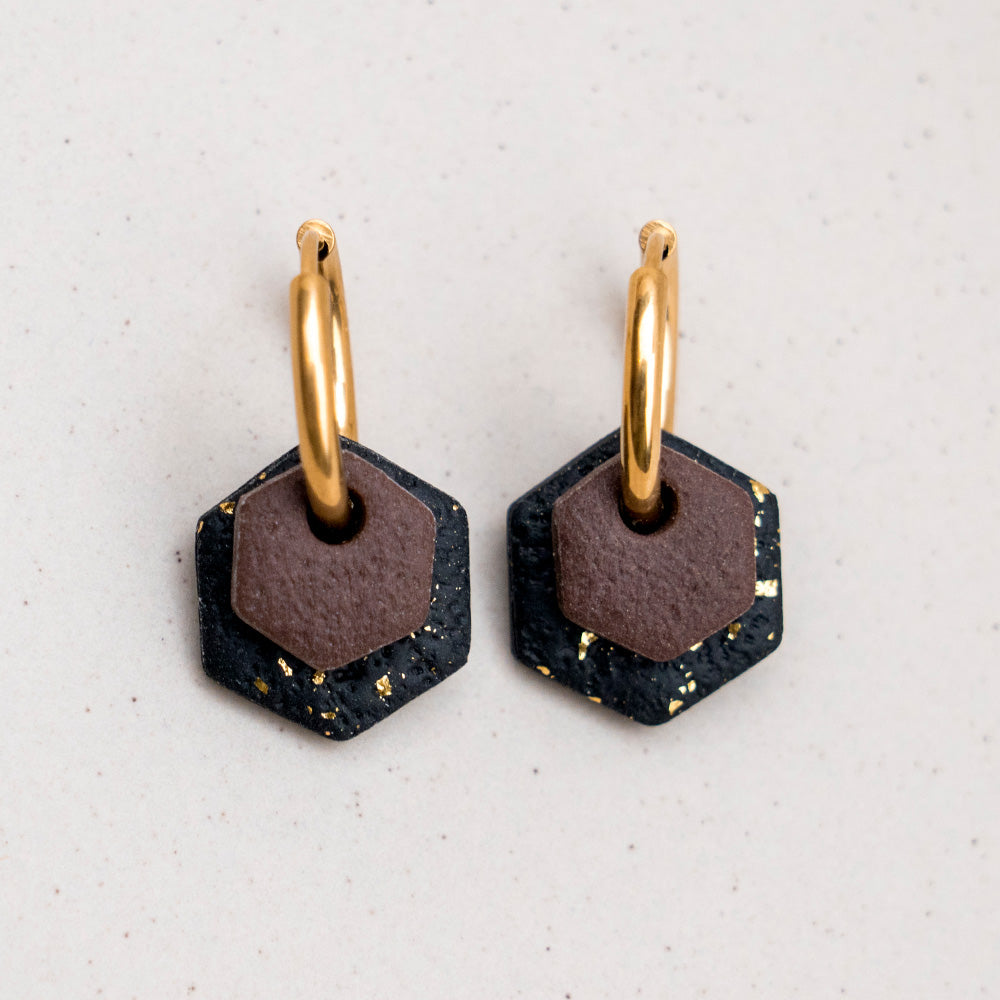 Creolen "Hexa Fine" in Tiefschwarz/goldfarben & Mokka