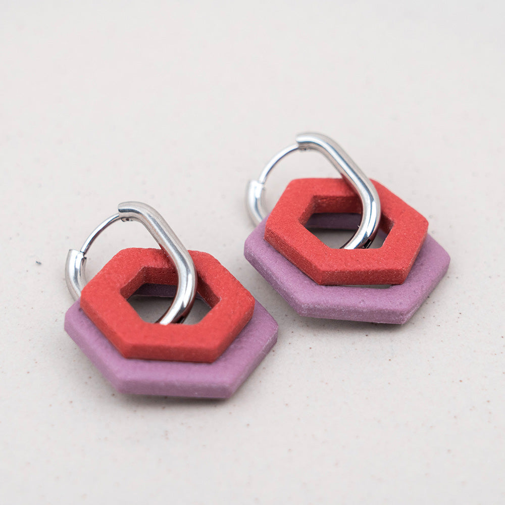 Creolen "Hexa Bold" in Mauve & Rostrot - Hexagon - silberfarben