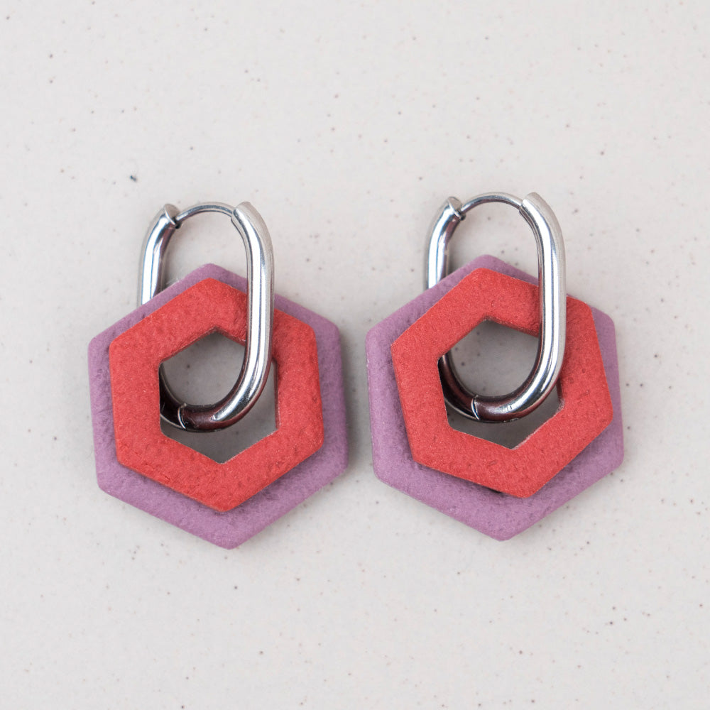 Creolen "Hexa Bold" in Mauve & Rostrot - Hexagon - silberfarben