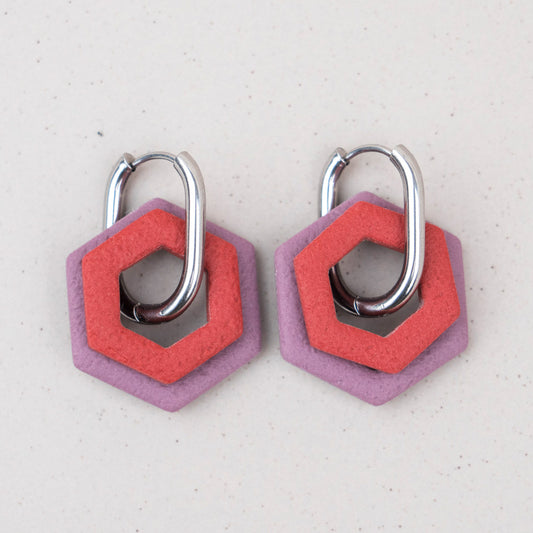 Creolen "Hexa Bold" in Mauve & Rostrot - Hexagon - silberfarben