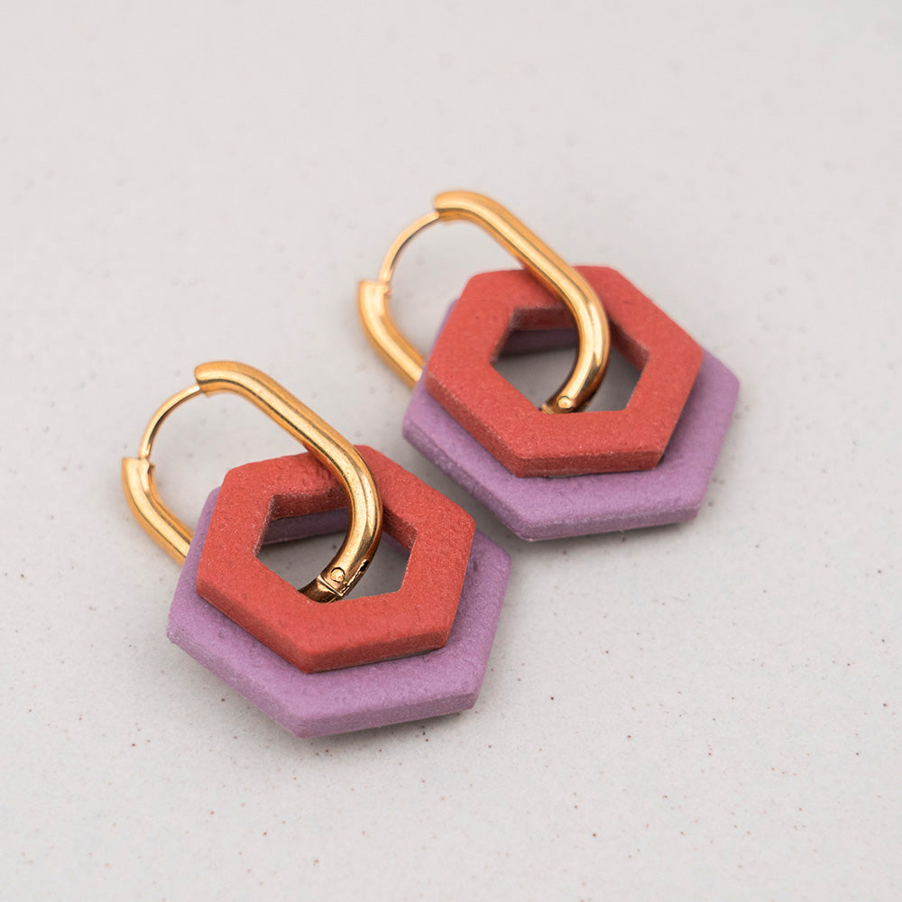 Creolen "Hexa Bold" in Mauve & Rostrot - Hexagon