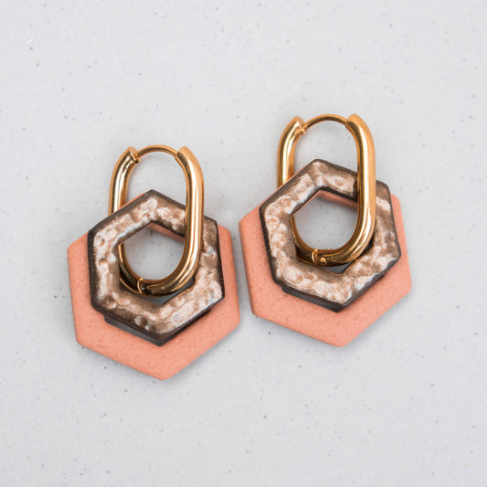 Creolen "Hexa Bold" in Bronze & Haselnuss - Hexagon