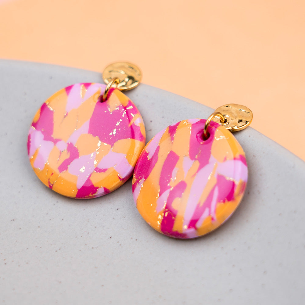 Ohrringe "Sunset Pop" Hotpink, Orange, Rosé - gemustert, rund