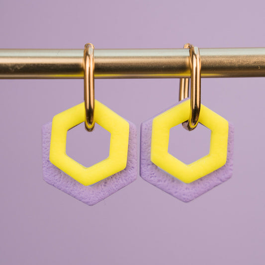 Creolen "Hexa Bold" in Flieder & Neongelb - Hexagon