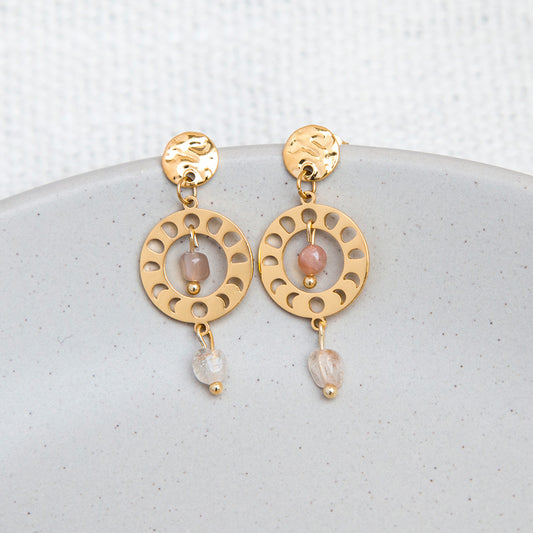 Ohrringe - Stecker "Mondphasen" mit Natursteinen - goldfarben