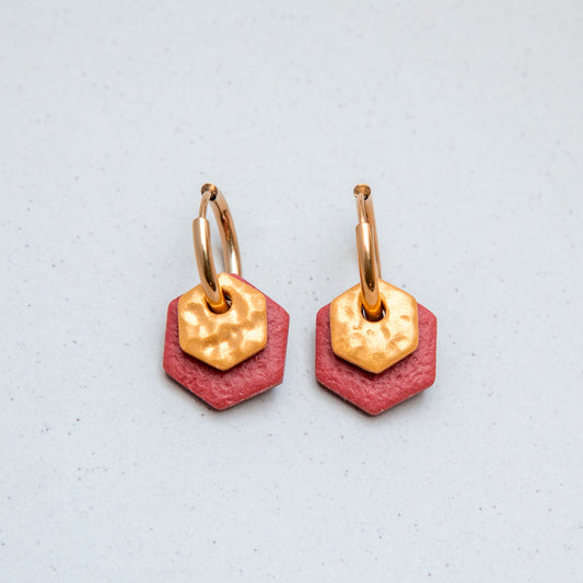 Ohrringe Creolen "Gold & Rostrot" Hexagon