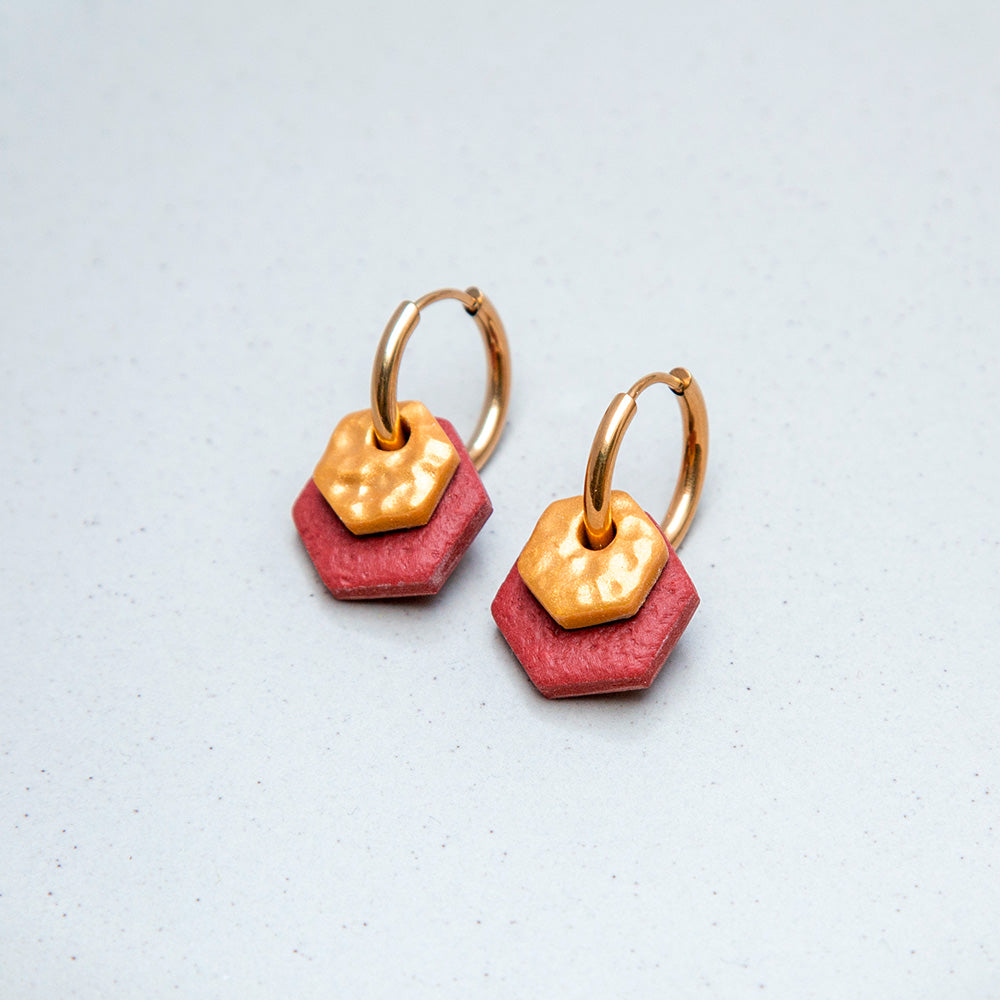 Ohrringe Creolen "Gold & Rostrot" Hexagon