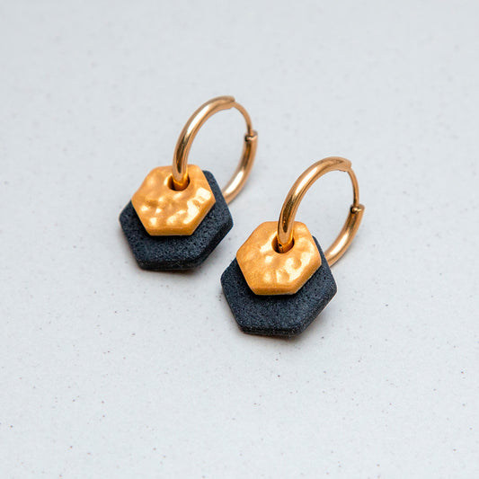 Ohrringe Creolen "Gold & Tiefschwarz" Hexagon