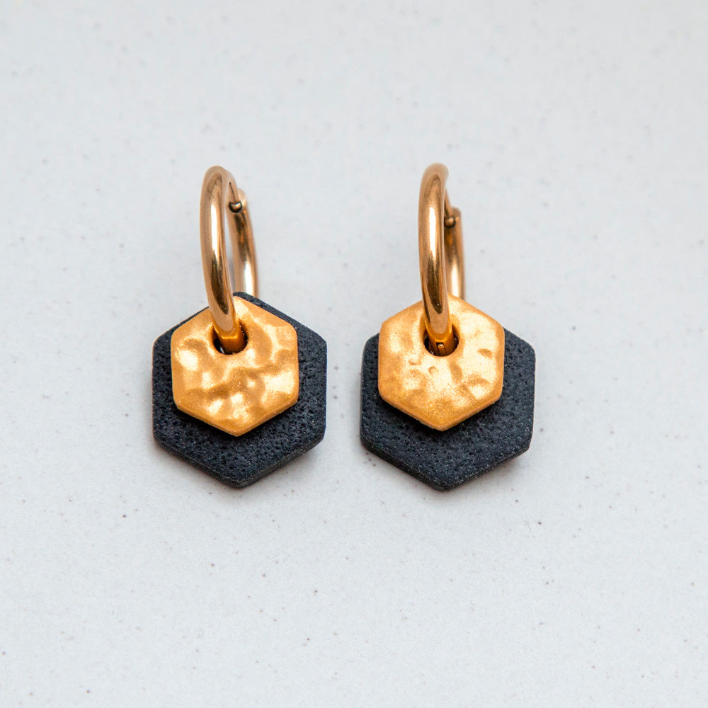 Ohrringe Creolen "Gold & Tiefschwarz" Hexagon