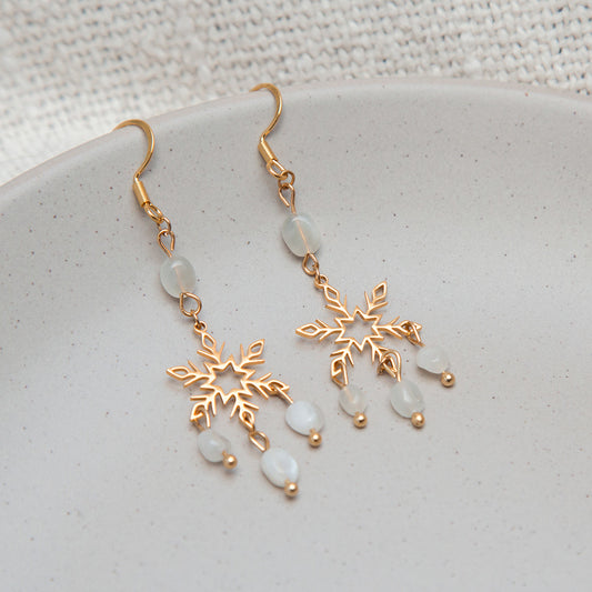 Ohrringe Schneeflocken aus Edelstahl in goldfarben mit weißen Natursteinen
