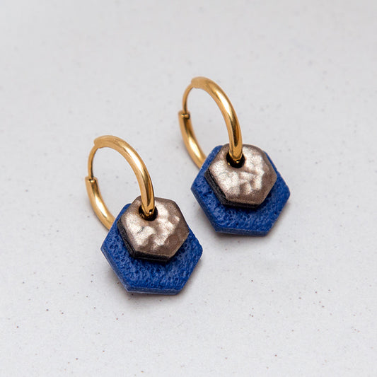Ohrringe Creolen "Bronze & Mitternachtsblau" Hexagon