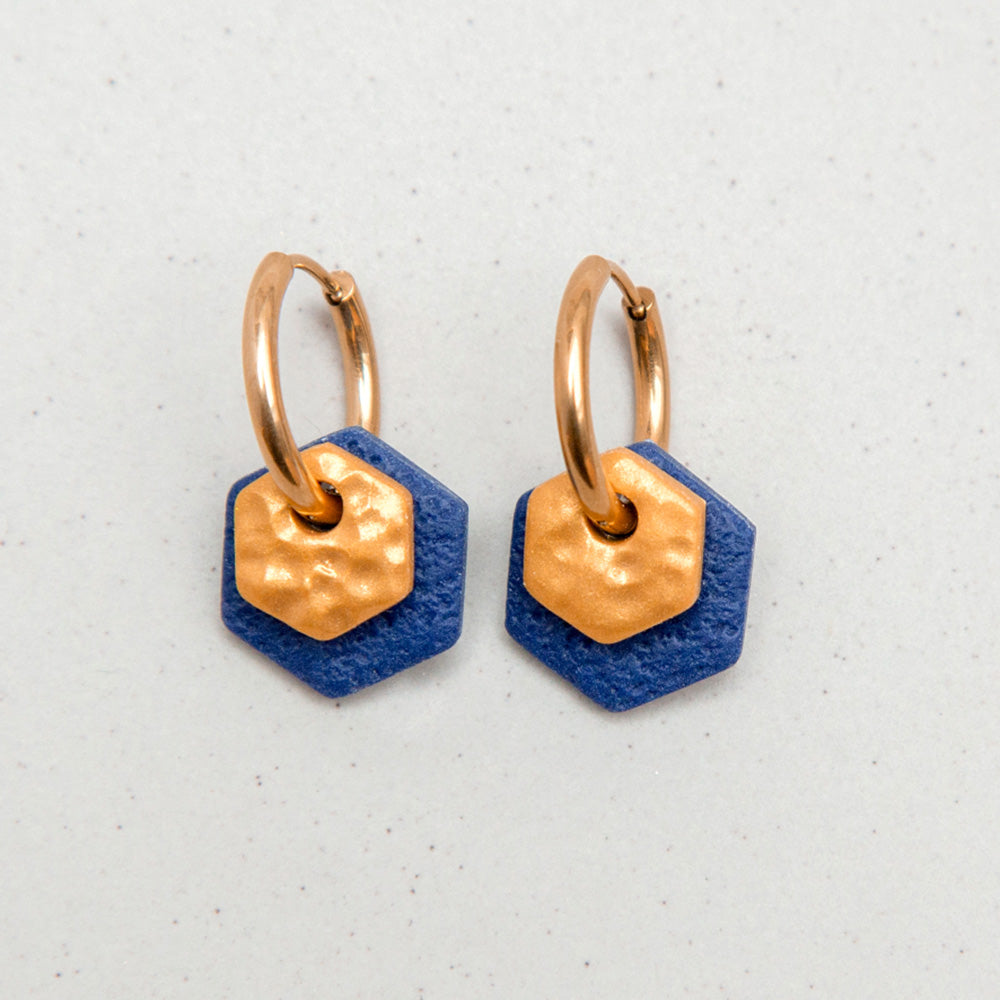 Ohrringe Creolen "Gold & Mitternachtsblau" Hexagon