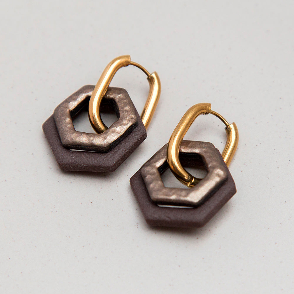 Ohrringe Creolen "Bronze & Mokka" Hexagon