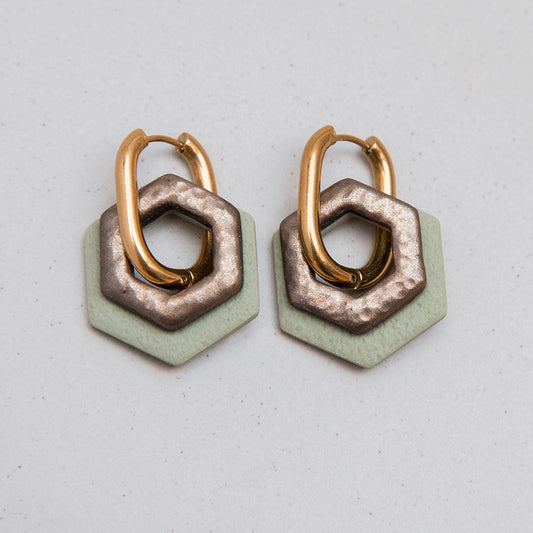 Ohrringe Creolen "Bronze & Salbeigrün" Hexagon
