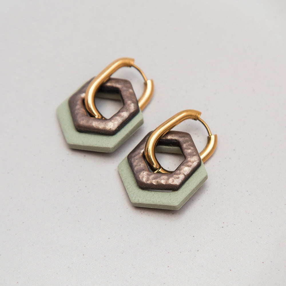 Ohrringe Creolen "Bronze & Salbeigrün" Hexagon