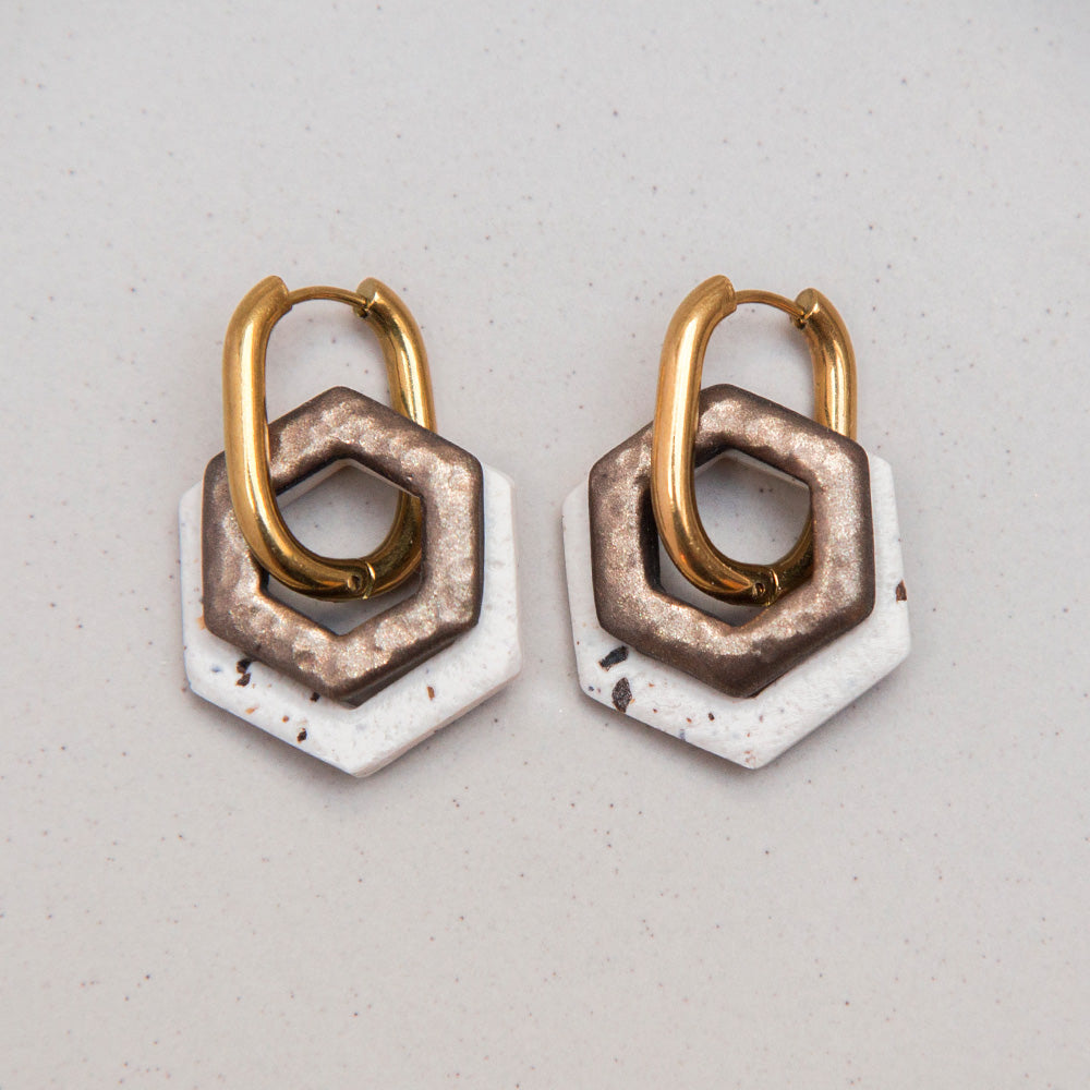 Ohrringe Creolen "Bronze & Beige Brew" Hexagon