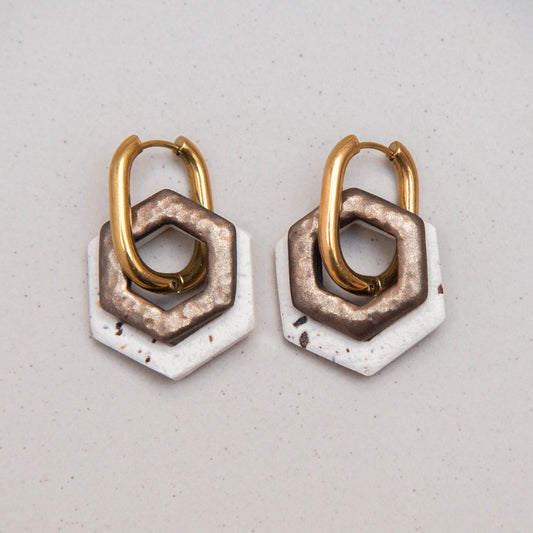 Ohrringe Creolen "Bronze & Beige Brew" Hexagon