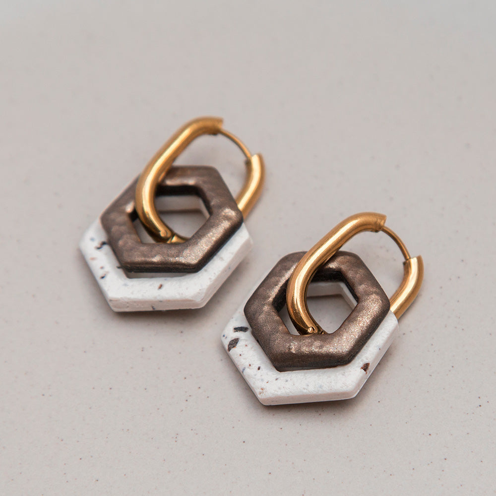 Ohrringe Creolen "Bronze & Beige Brew" Hexagon