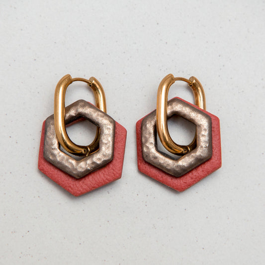 Ohrringe Creolen "Bronze & Rostrot" Hexagon