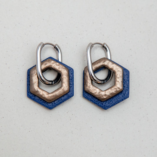 Ohrringe Creolen "Bronze & Mitternachtsblau" Hexagon