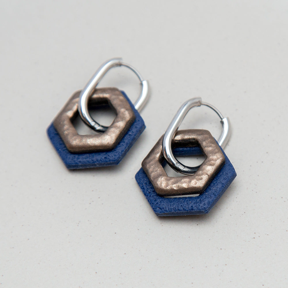 Ohrringe Creolen "Bronze & Mitternachtsblau" Hexagon