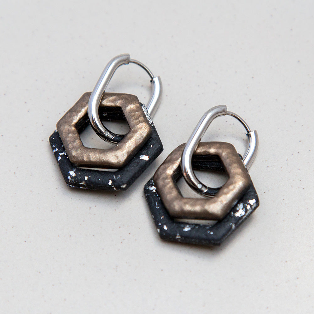 Ohrringe Creolen "Bronze & Tiefschwarz" Hexagon