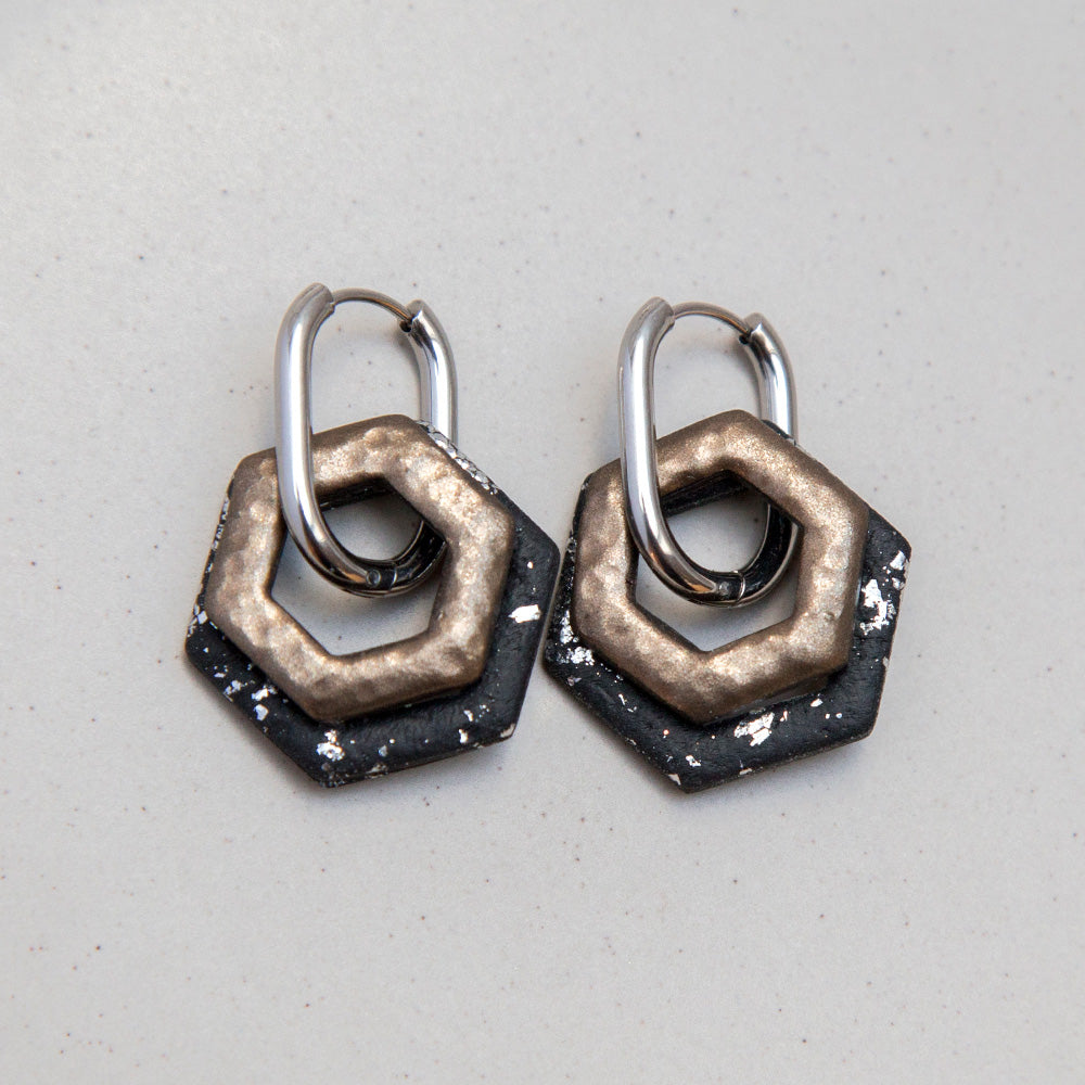 Ohrringe Creolen "Bronze & Tiefschwarz" Hexagon