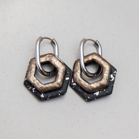 Ohrringe Creolen "Bronze & Tiefschwarz" Hexagon