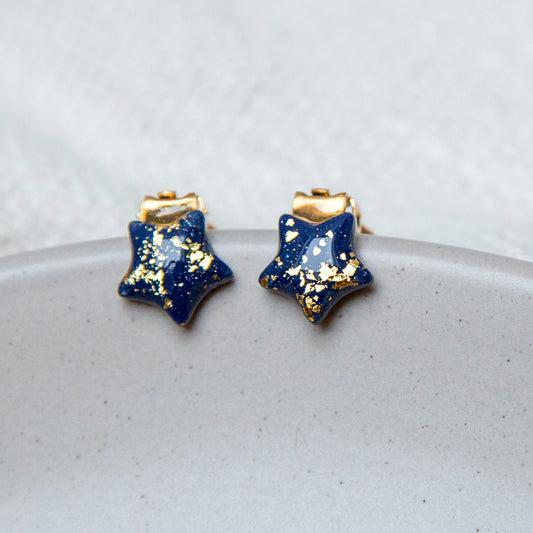 Ohrringclips "Sterne" dunkelblau mit goldfarbenen Flakes - Ohrringe ohne Löcher