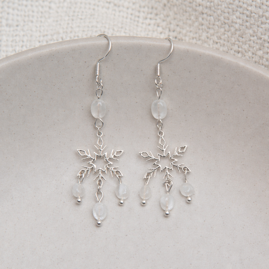Ohrringe Schneeflocken aus Edelstahl in silberfarben mit weißen Natursteinen