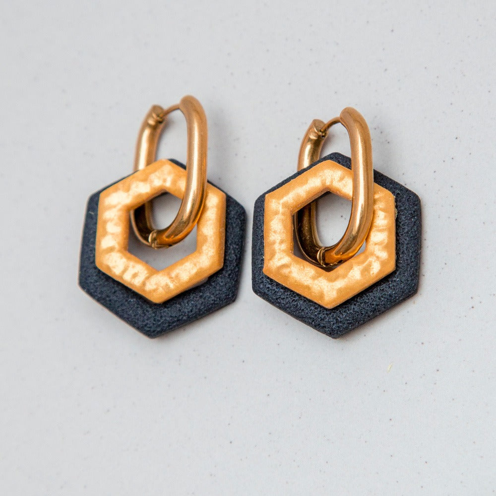Ohrringe Creolen "Gold & Tiefschwarz" Hexagon